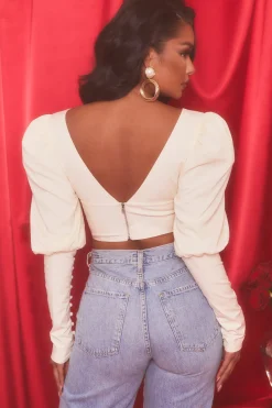 Oh Polly Women'S Clothing Sale - $65 And Under | Women'S Clothing Sale - $40 And Under^Plunge Neck Puff Sleeve Crop Top in Oyster White