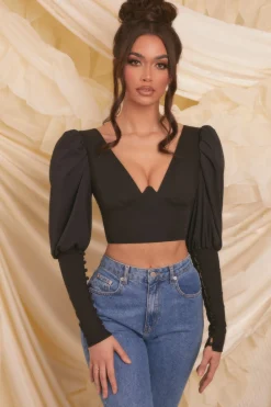 Oh Polly Women'S Clothing Sale - $65 And Under | Women'S Clothing Sale - $40 And Under^Plunge Neck Puff Sleeve Crop Top in Black