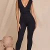Oh Polly Jumpsuits & Unitards^Plunge Neck Ruched Waist Jumpsuit in Black