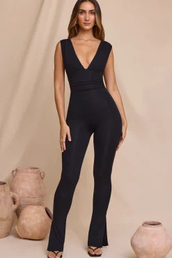 Oh Polly Jumpsuits & Unitards^Plunge Neck Ruched Waist Jumpsuit in Black