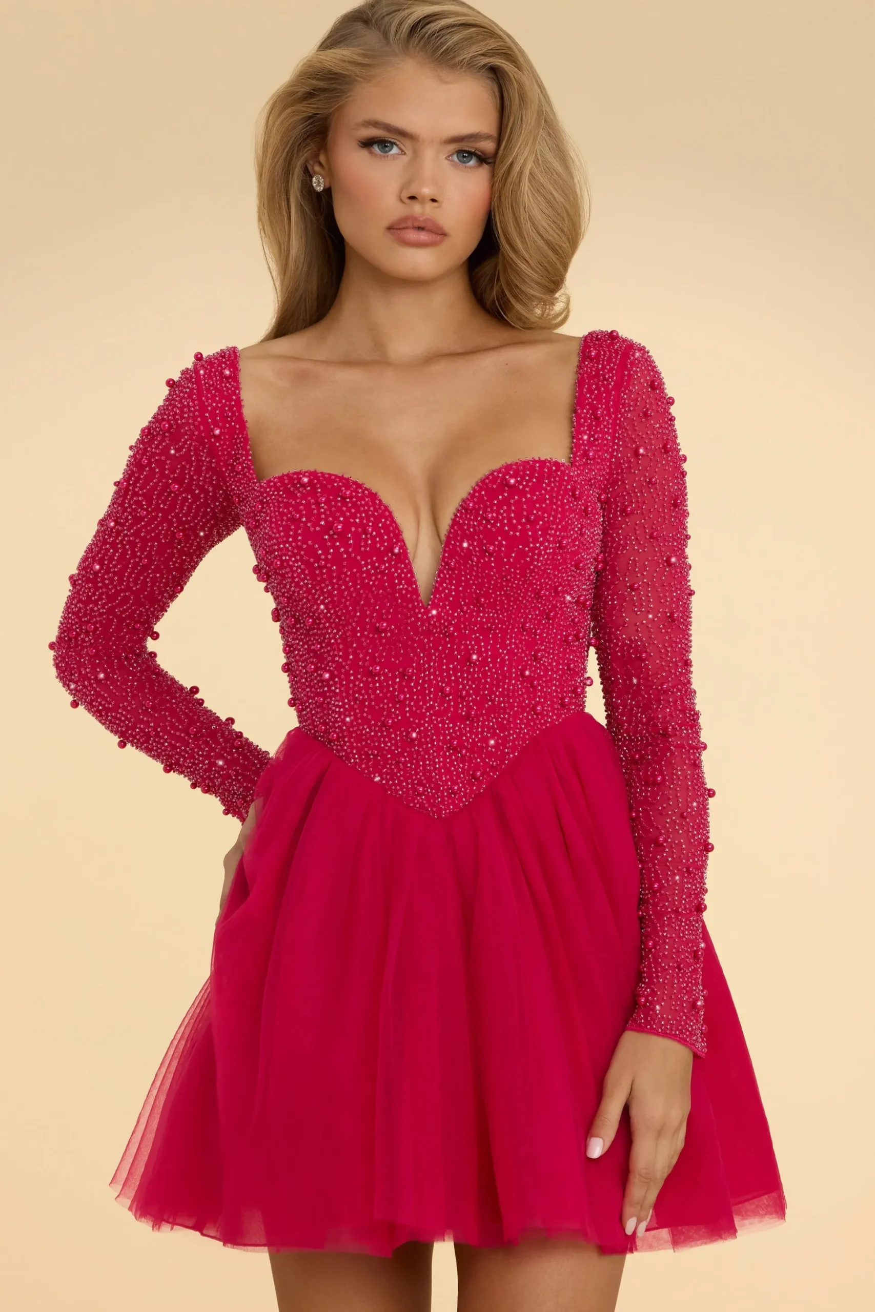 Oh Polly Party Dresses | Homecoming Dresses^Plunge Neck Tulle Mini Dress in Hot Pink HotPink