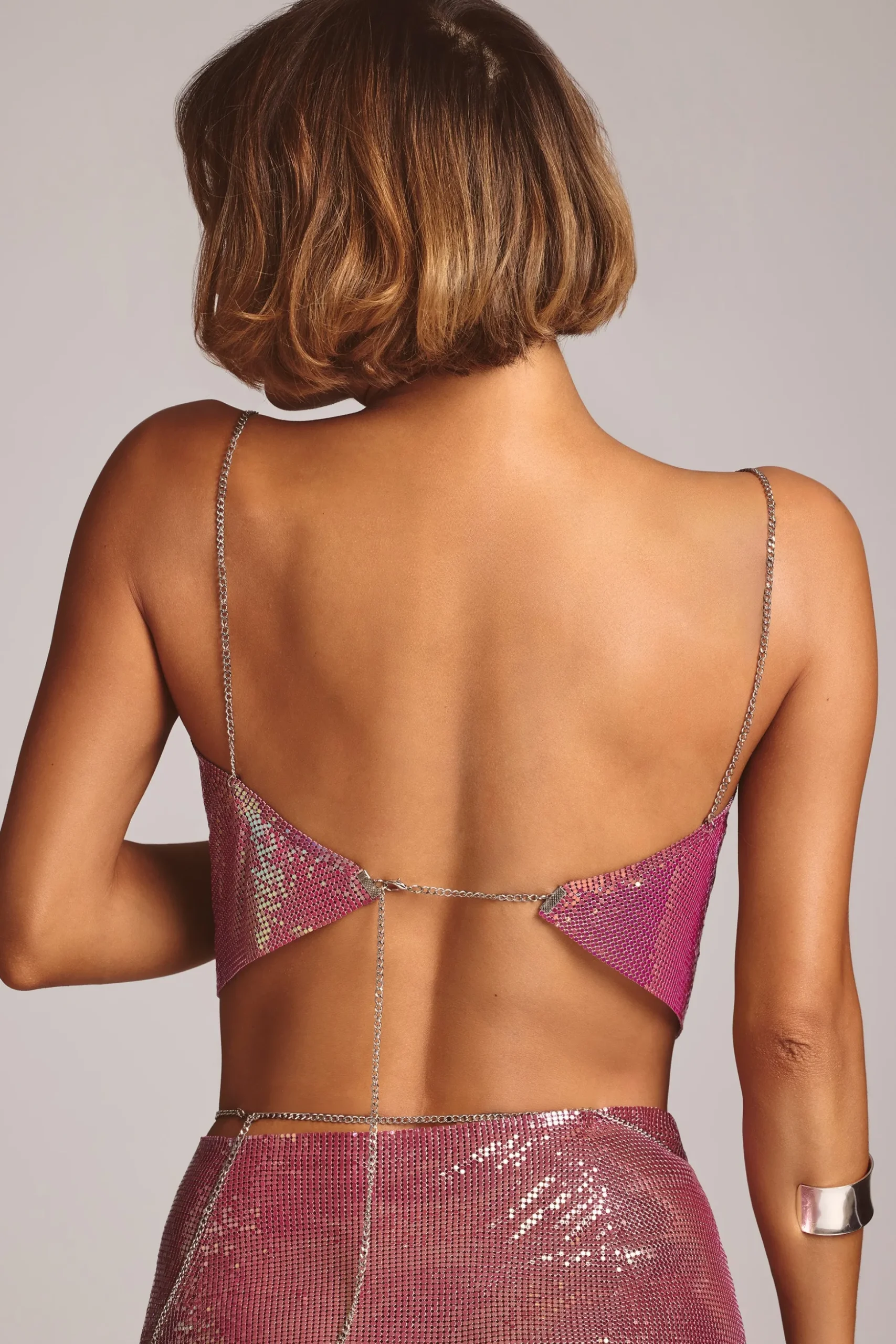 Oh Polly Women'S Clothing Sale - $65 And Under | Women'S Clothing Sale - $40 And Under^Premium Chainmail Cowl Neck Crop Top in Multi Pink MultiPink