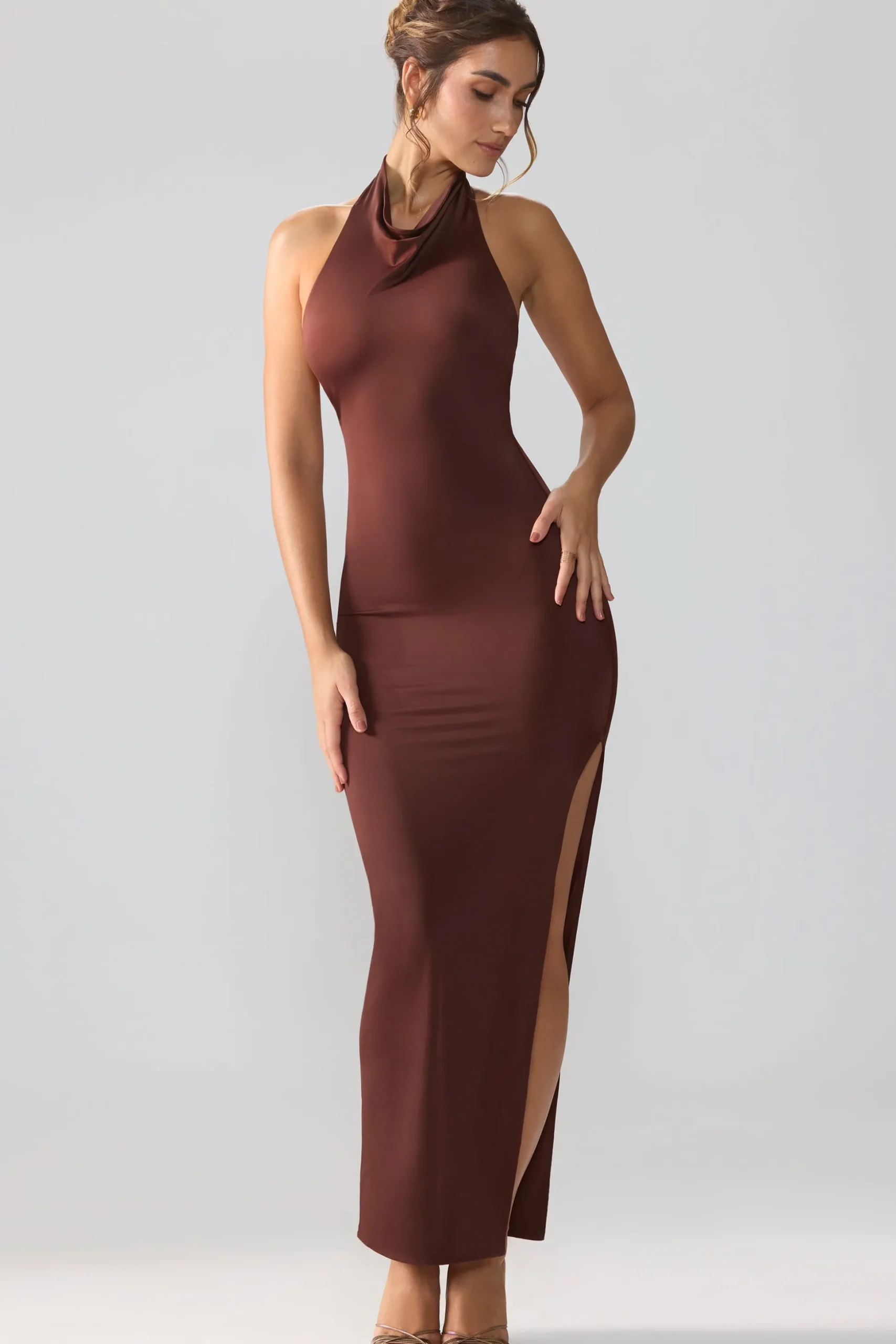 Oh Polly Fall Outfits^Premium Jersey Cowl Neck Backless Maxi Dress in Espresso