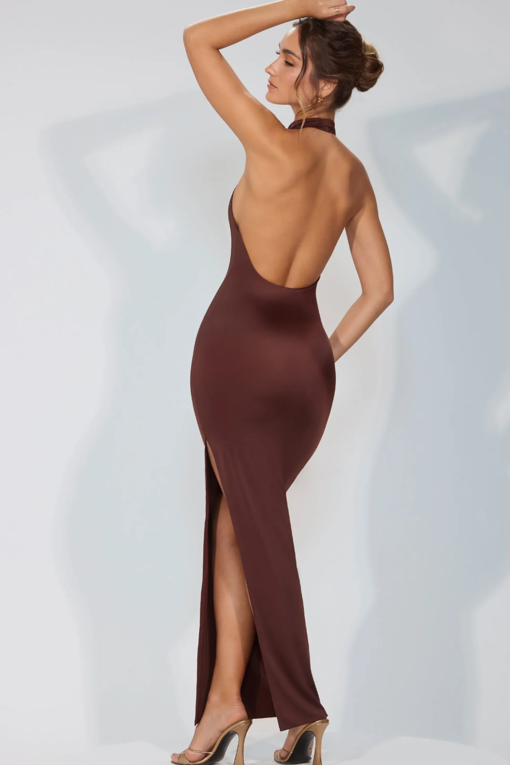 Oh Polly Fall Outfits^Premium Jersey Cowl Neck Backless Maxi Dress in Espresso