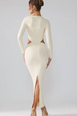 Oh Polly Party Dresses | Birthday^Premium Jersey Long Sleeve Cut Out Maxi Dress in Ivory