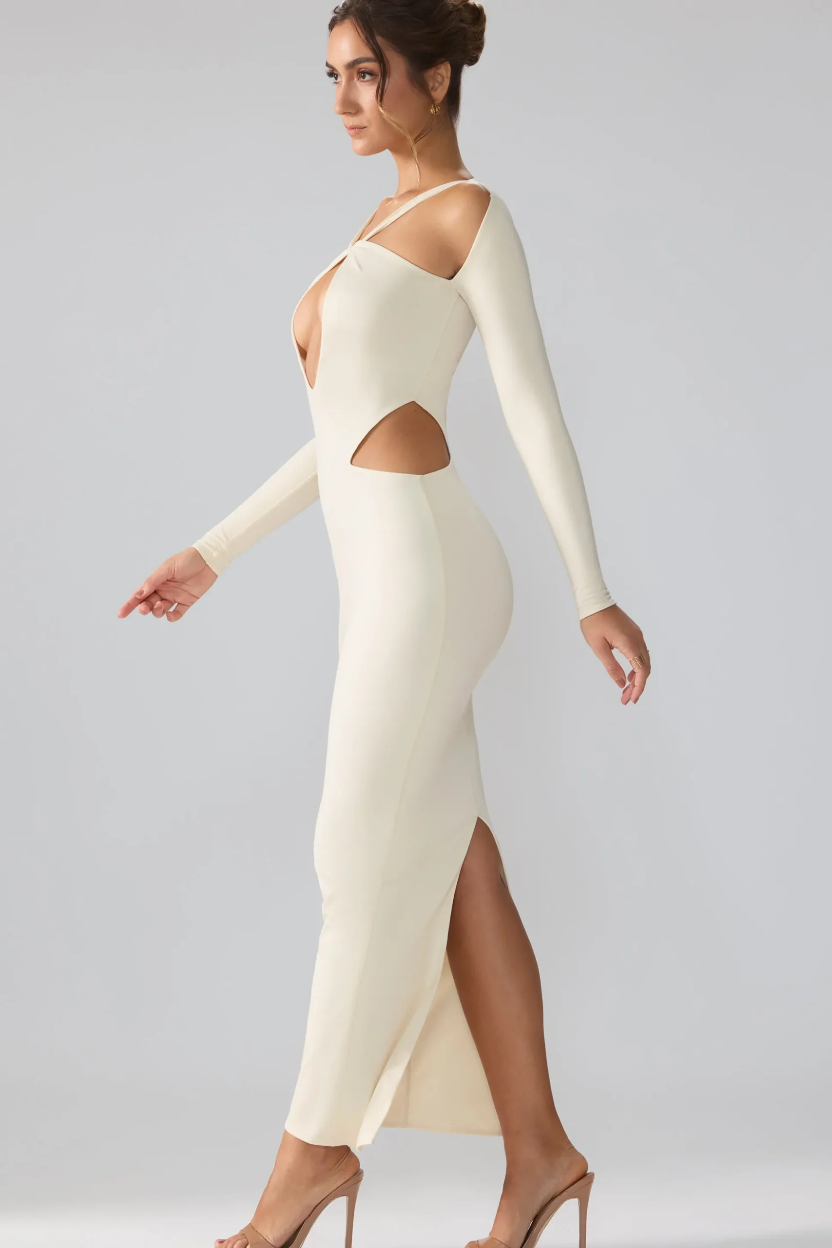 Oh Polly Party Dresses | Birthday^Premium Jersey Long Sleeve Cut Out Maxi Dress in Ivory