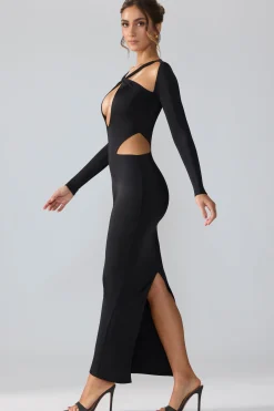 Oh Polly Party Dresses | Birthday^Premium Jersey Long Sleeve Cut Out Maxi Dress in Black