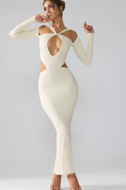 Oh Polly Party Dresses | Birthday^Premium Jersey Long Sleeve Cut Out Maxi Dress in Ivory
