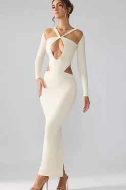 Oh Polly Party Dresses | Birthday^Premium Jersey Long Sleeve Cut Out Maxi Dress in Ivory