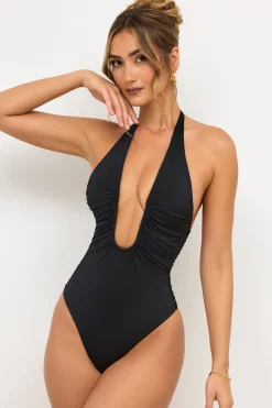 Oh Polly Tops^Premium Jersey Plunge Neck Bodysuit in Black