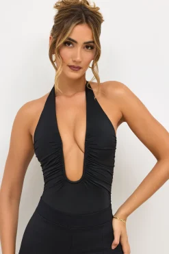 Oh Polly Tops^Premium Jersey Plunge Neck Bodysuit in Black