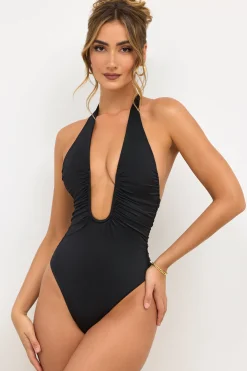 Oh Polly Tops^Premium Jersey Plunge Neck Bodysuit in Black