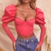 Oh Polly Women'S Clothing Sale - $65 And Under | Women'S Clothing Sale - $40 And Under^Puff Sleeve Satin Lace Crop Top in Hot Pink