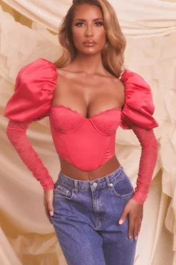 Oh Polly Women'S Clothing Sale - $65 And Under | Women'S Clothing Sale - $40 And Under^Puff Sleeve Satin Lace Crop Top in Hot Pink