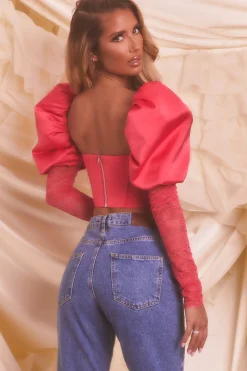 Oh Polly Women'S Clothing Sale - $65 And Under | Women'S Clothing Sale - $40 And Under^Puff Sleeve Satin Lace Crop Top in Hot Pink