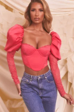 Oh Polly Women'S Clothing Sale - $65 And Under | Women'S Clothing Sale - $40 And Under^Puff Sleeve Satin Lace Crop Top in Hot Pink
