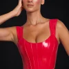 Oh Polly Tops^Push Up Vinyl Corset in Fire Red FireRed