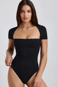 Oh Polly Tops | Elevated Essentials^Ribbed Modal Lace-Trim Bodysuit in Black