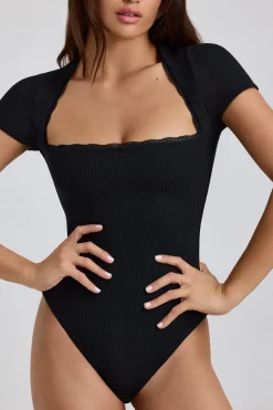 Oh Polly Tops | Elevated Essentials^Ribbed Modal Lace-Trim Bodysuit in Black