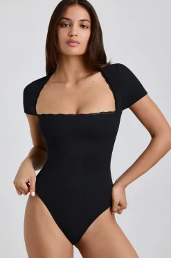 Oh Polly Tops | Elevated Essentials^Ribbed Modal Lace-Trim Bodysuit in Black