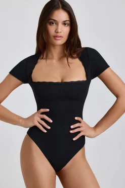 Oh Polly Tops | Elevated Essentials^Ribbed Modal Lace-Trim Bodysuit in Black