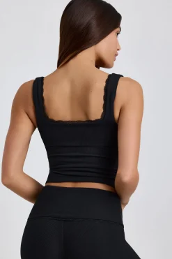 Oh Polly Co-Ords | Tops^Ribbed Modal Lace-Trim Tank Top in Black