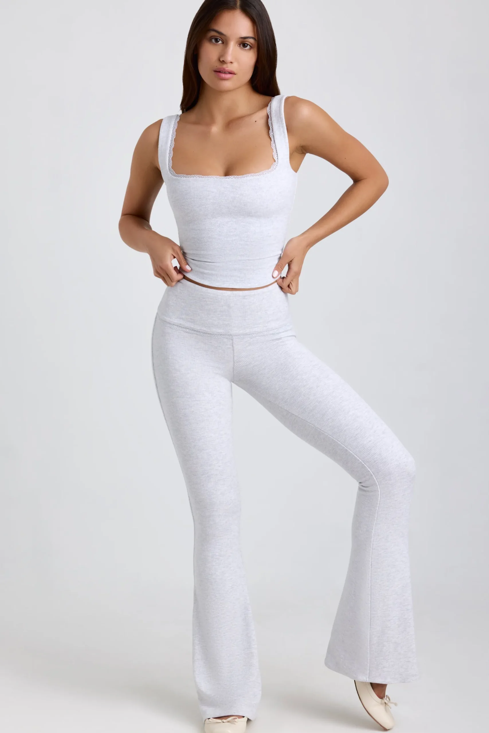 Oh Polly Co-Ords | Tops^Ribbed Modal Lace-Trim Tank Top in Grey