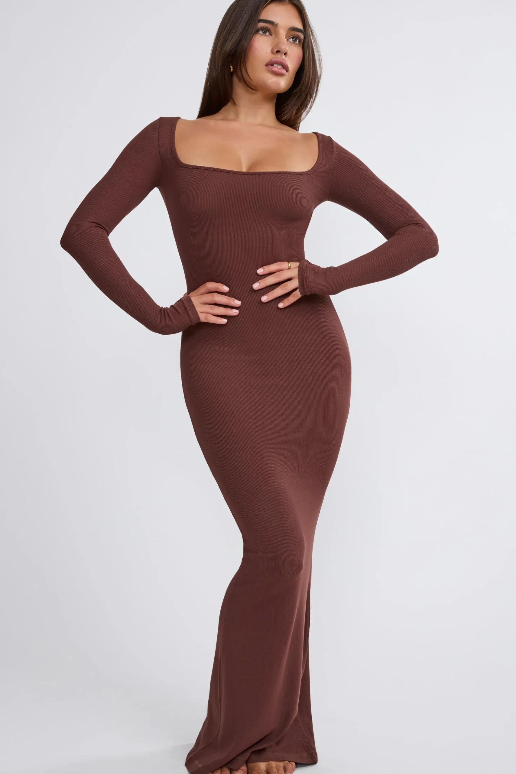 Oh Polly Tencel™ Modal Dresses^Ribbed Modal Long Sleeve Maxi Dress in Chocolate