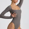 Oh Polly Tops | Fall Outfits^Ribbed Modal Long Sleeve Bodysuit in Grey