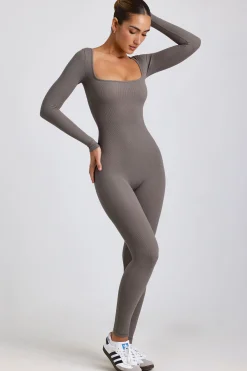 Oh Polly Jumpsuits & Unitards | Elevated Essentials^Ribbed Modal Long Sleeve Jumpsuit in Grey