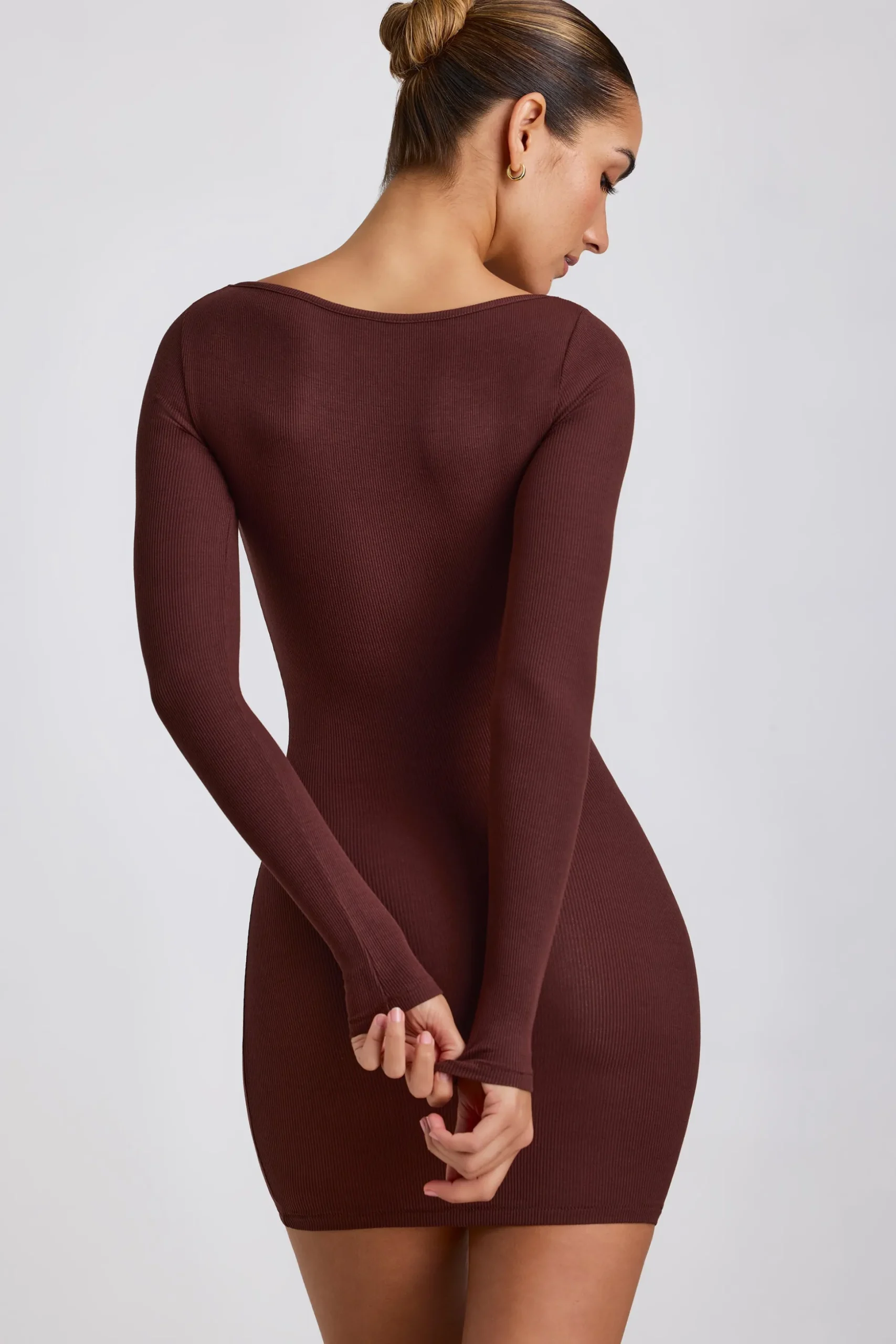 Oh Polly Women'S Clothing Sale - $65 And Under | Women'S Clothing Sale - $40 And Under^Ribbed Modal Long Sleeve Mini Dress in Chocolate