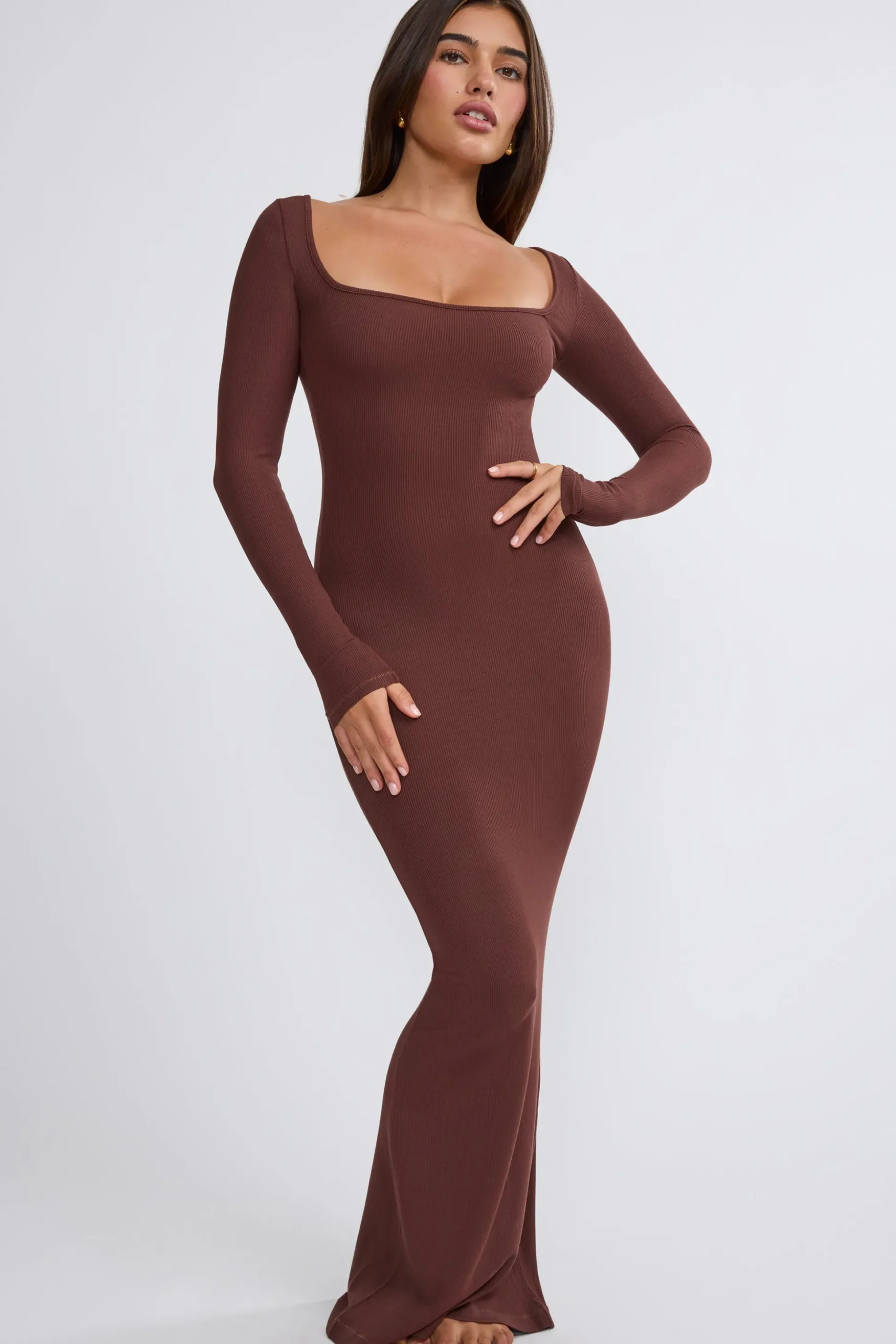 Oh Polly Tencel™ Modal Dresses^Ribbed Modal Long Sleeve Maxi Dress in Chocolate