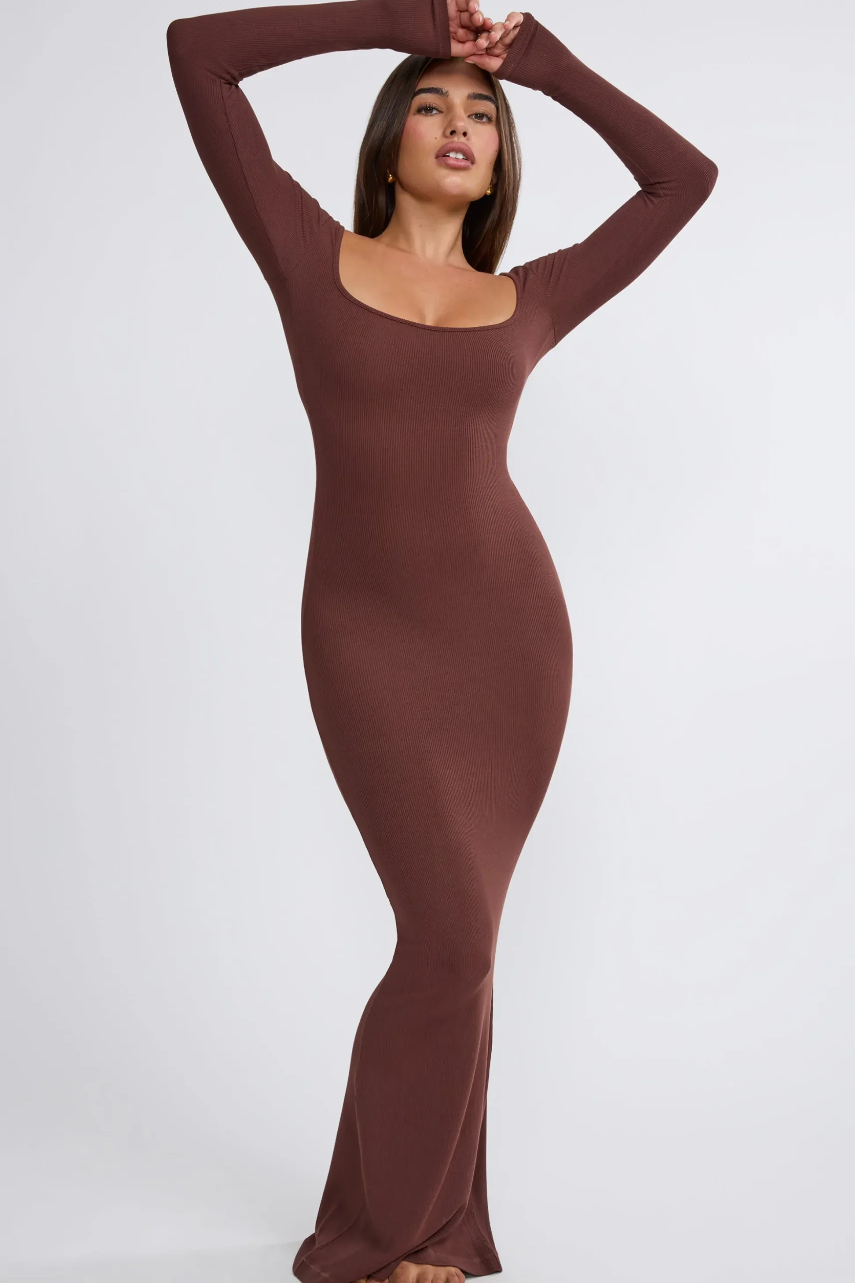 Oh Polly Tencel™ Modal Dresses^Ribbed Modal Long Sleeve Maxi Dress in Chocolate