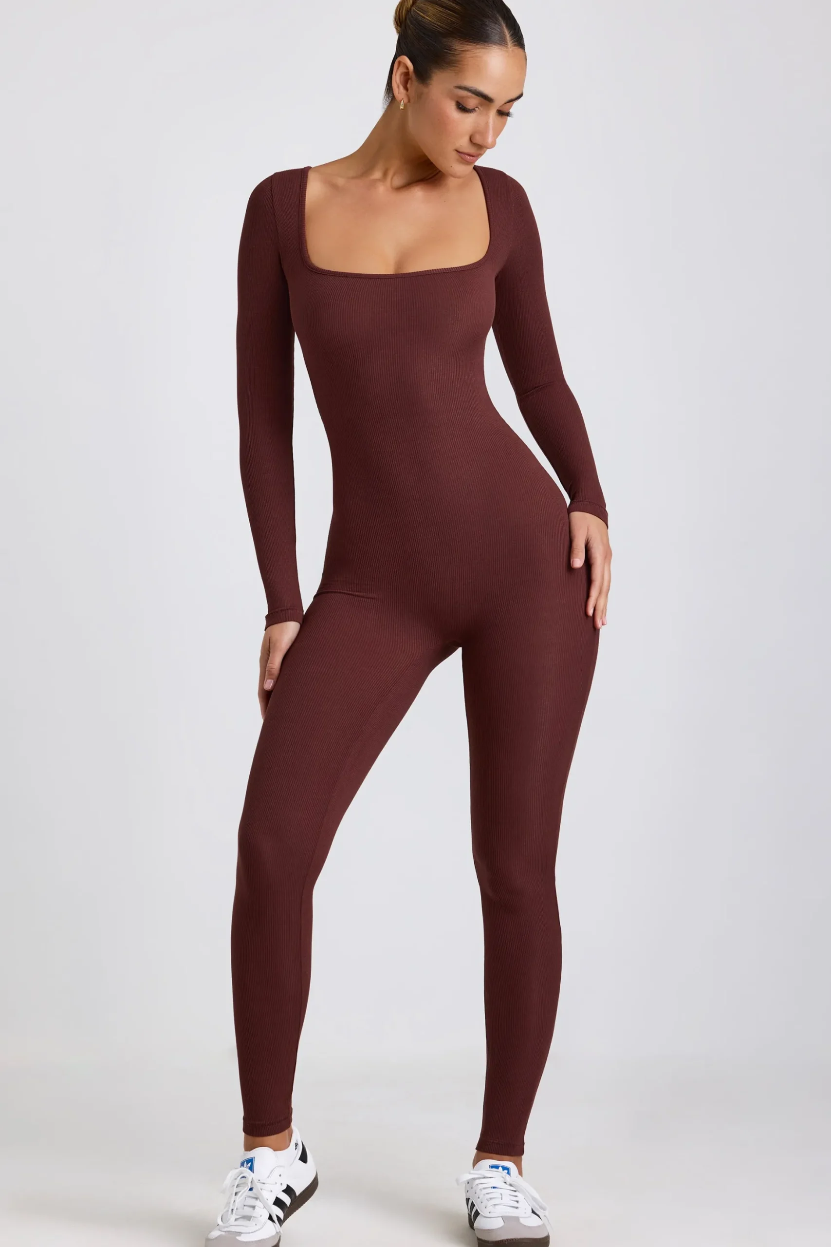 Oh Polly Jumpsuits & Unitards | Elevated Essentials^Ribbed Modal Long Sleeve Jumpsuit in Espresso
