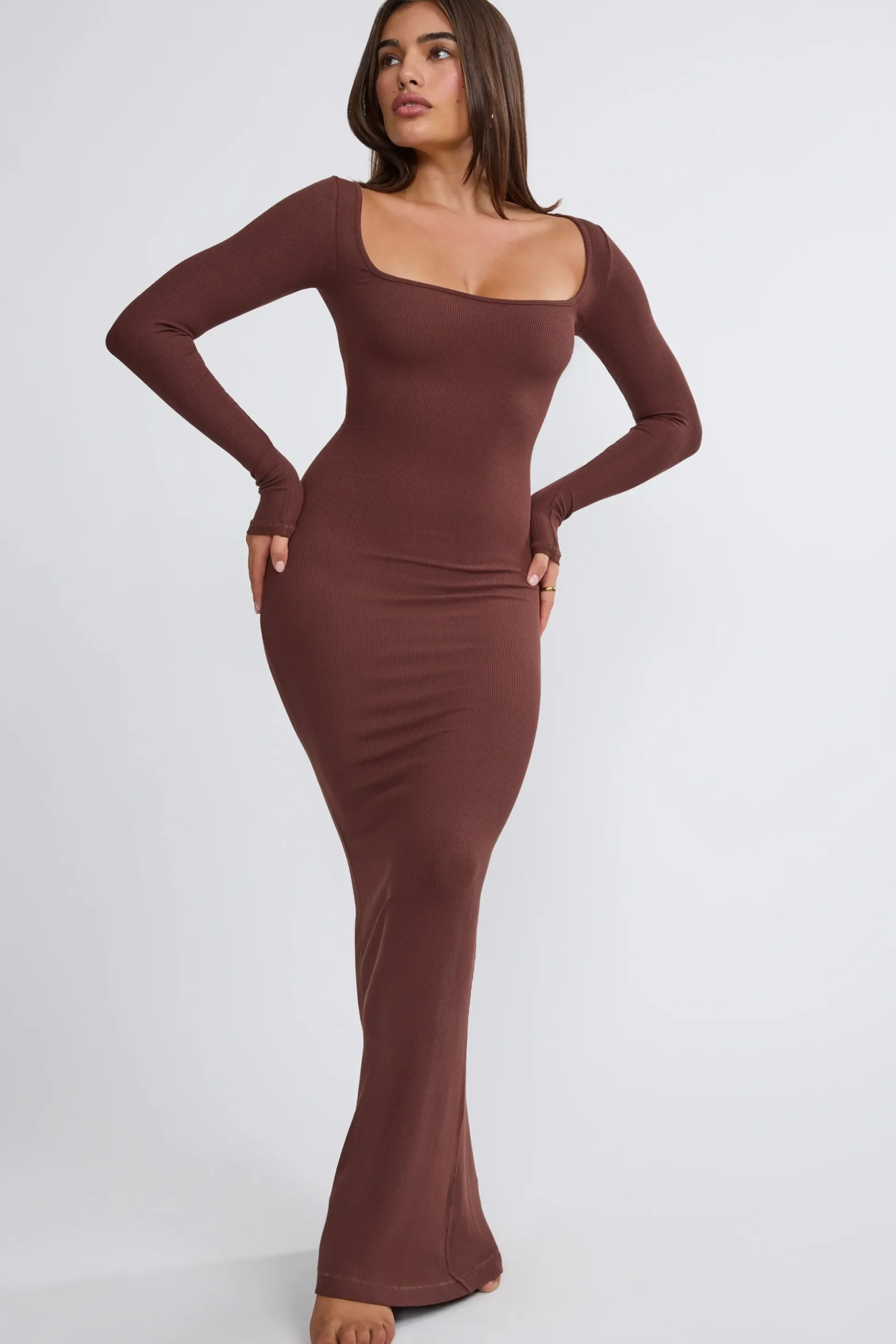 Oh Polly Tencel™ Modal Dresses^Ribbed Modal Long Sleeve Maxi Dress in Chocolate