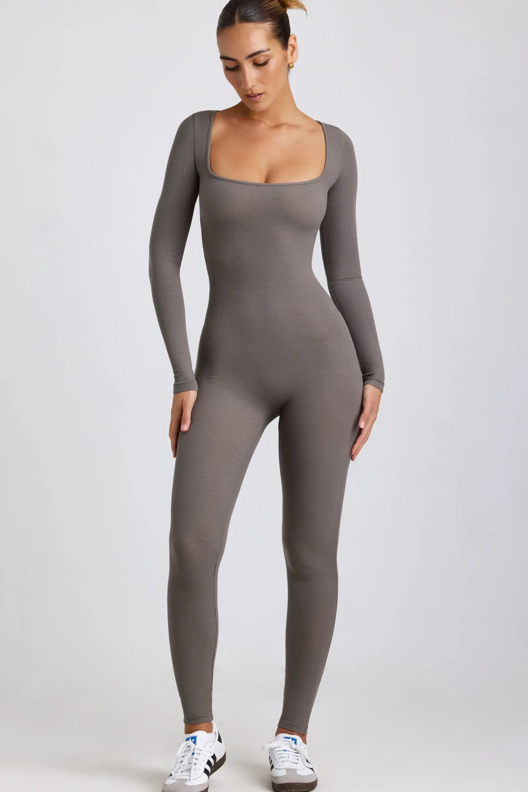Oh Polly Jumpsuits & Unitards | Elevated Essentials^Ribbed Modal Long Sleeve Jumpsuit in Grey