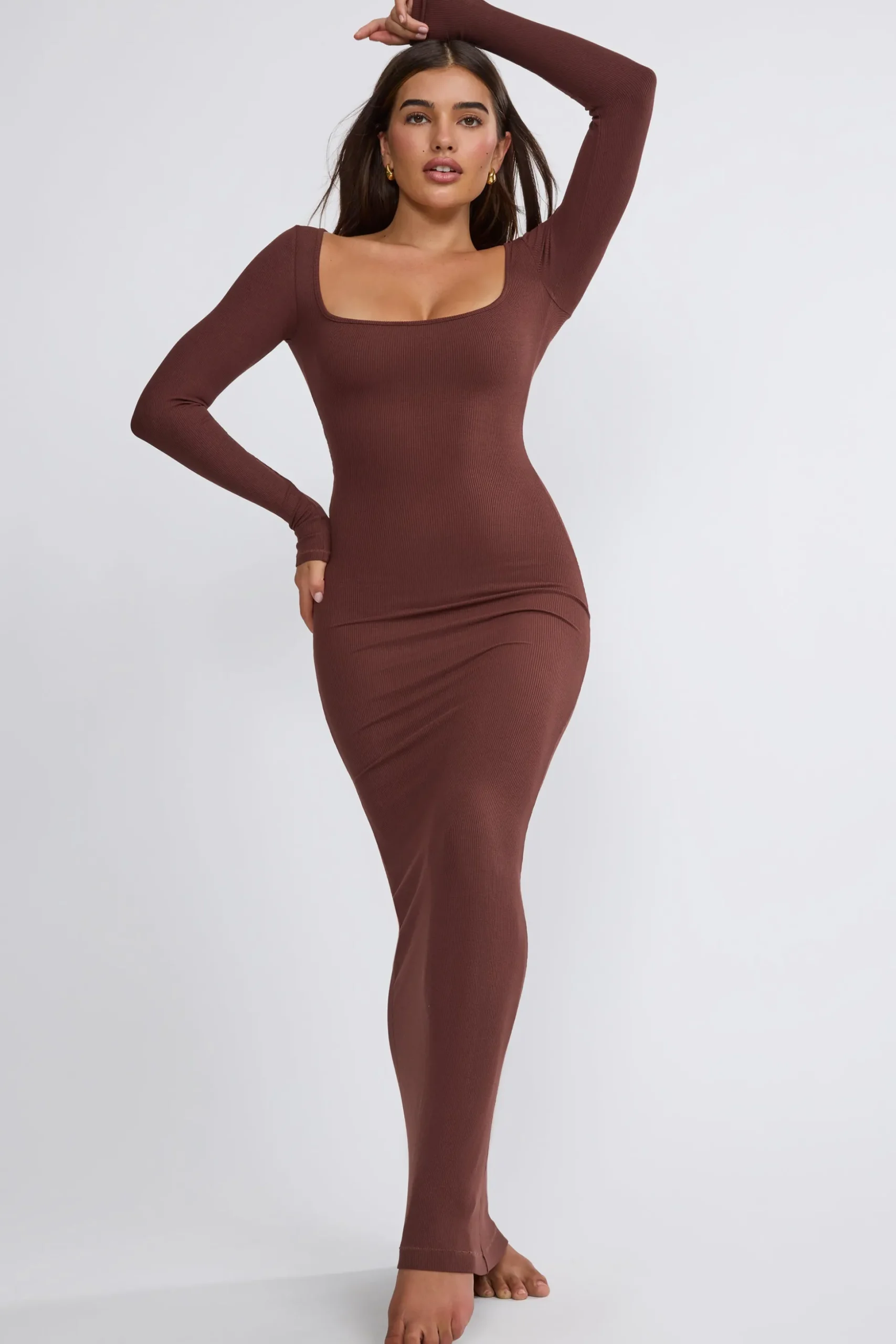 Oh Polly Tencel™ Modal Dresses^Ribbed Modal Long Sleeve Maxi Dress in Chocolate