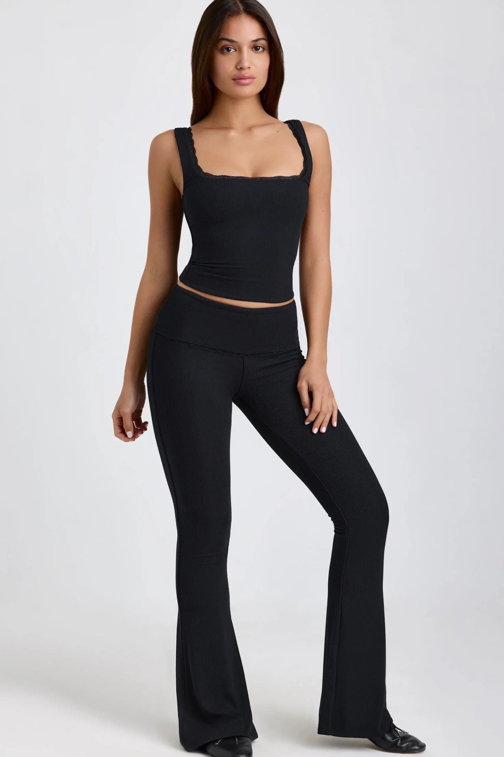 Oh Polly Bottoms | Co-Ords^Ribbed Modal Mid-Rise Foldover Flared Trousers in Black