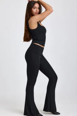 Oh Polly Bottoms | Co-Ords^Ribbed Modal Mid-Rise Foldover Flared Trousers in Black
