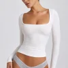 Oh Polly Tops^Ribbed Modal Square Neck Long Sleeve Top in White