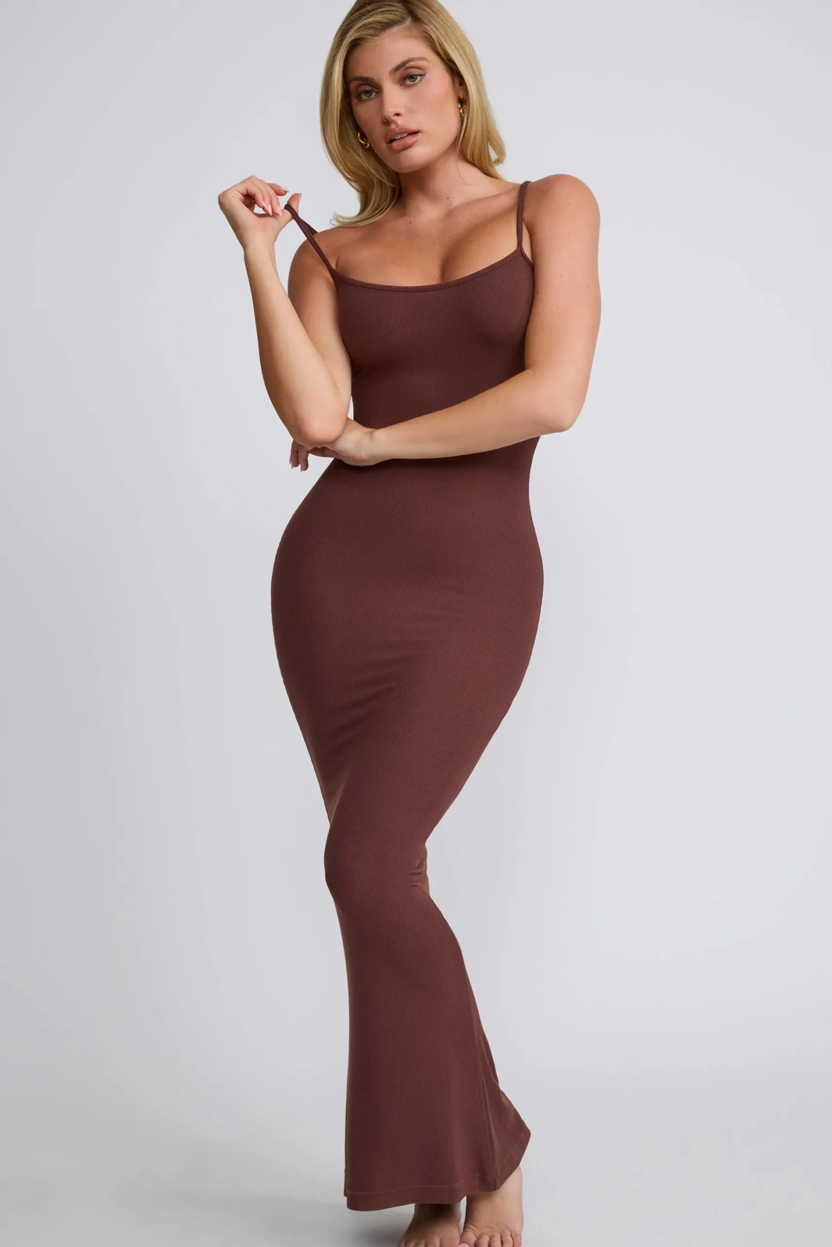 Oh Polly Tencel™ Modal Dresses^Ribbed Modal Square Neck Maxi Dress in Chocolate