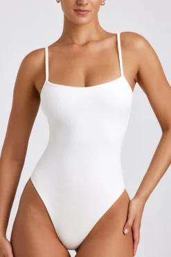 Oh Polly Tops^Ribbed Modal Square Neck Bodysuit in White
