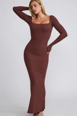 Oh Polly Co-Ords | Tops^Ribbed Modal Square Neck Long Sleeve Top in Chocolate