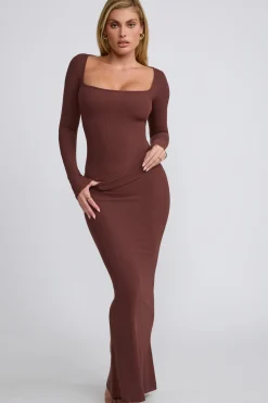 Oh Polly Co-Ords | Tops^Ribbed Modal Square Neck Long Sleeve Top in Chocolate