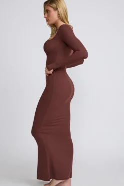 Oh Polly Co-Ords | Tops^Ribbed Modal Square Neck Long Sleeve Top in Chocolate
