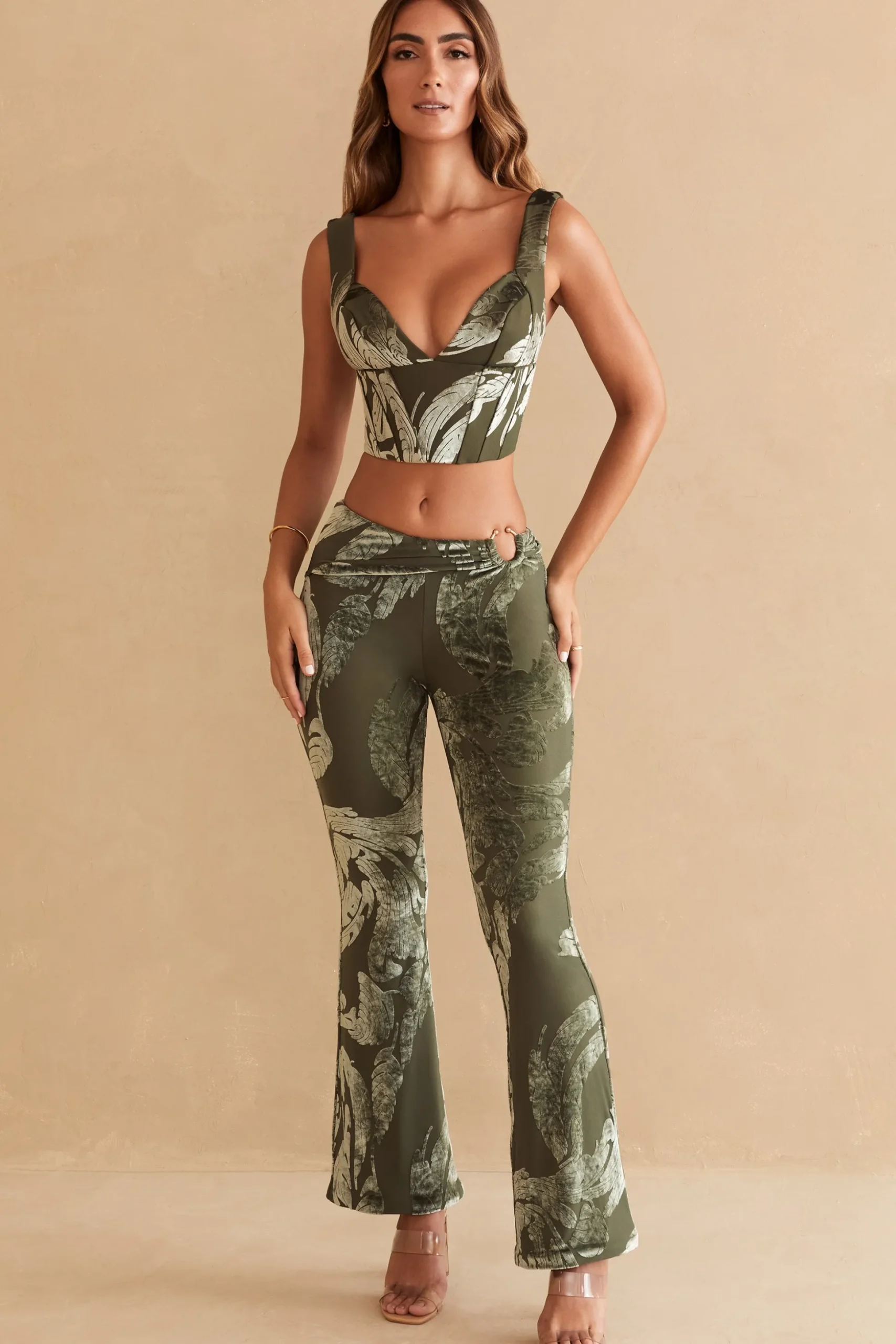 Oh Polly Women'S Clothing Sale - $65 And Under | Women'S Clothing Sale - $40 And Under^Ring Detail Bootleg Trousers in Olive Print OlivePrint