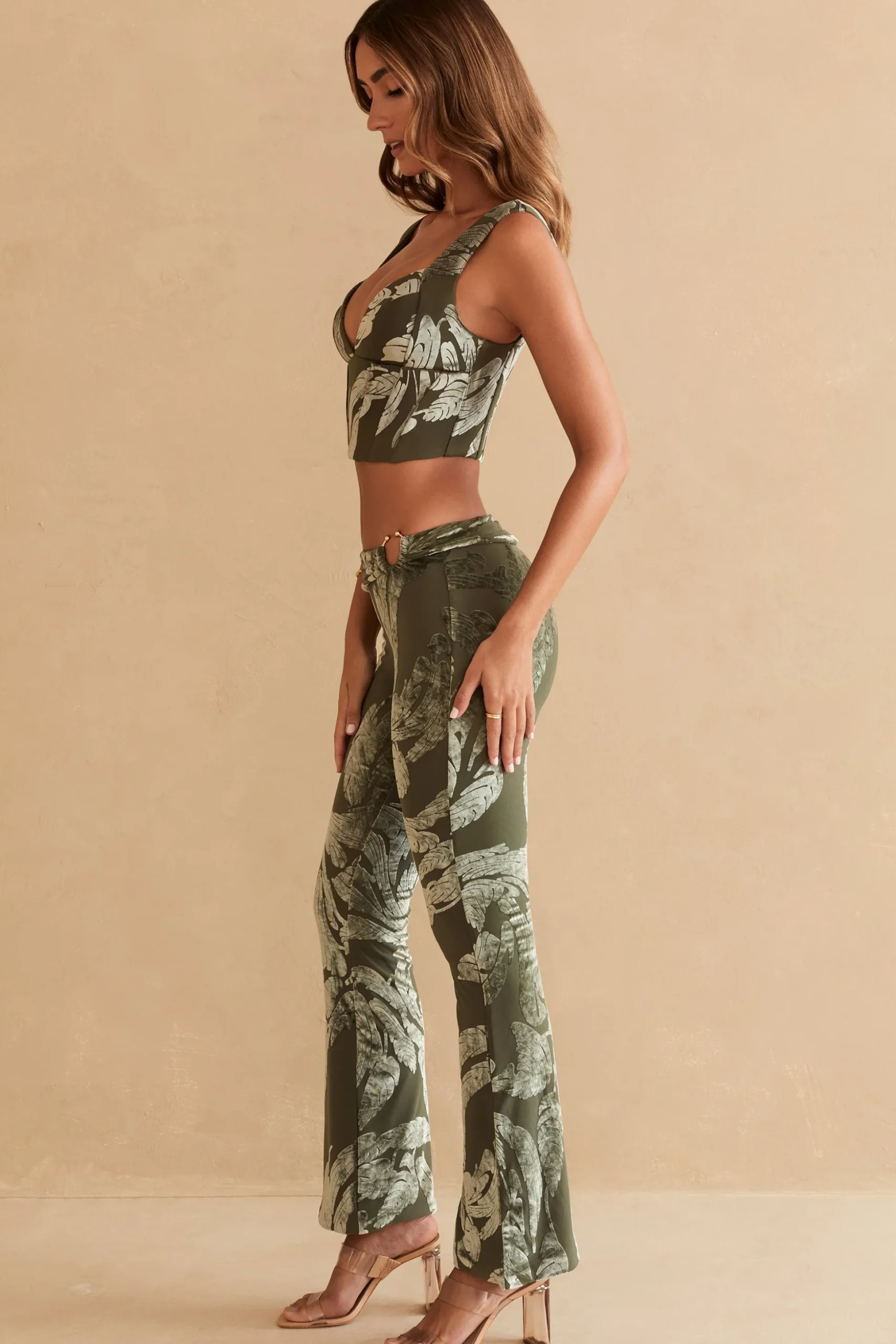 Oh Polly Women'S Clothing Sale - $65 And Under | Women'S Clothing Sale - $40 And Under^Ring Detail Bootleg Trousers in Olive Print OlivePrint