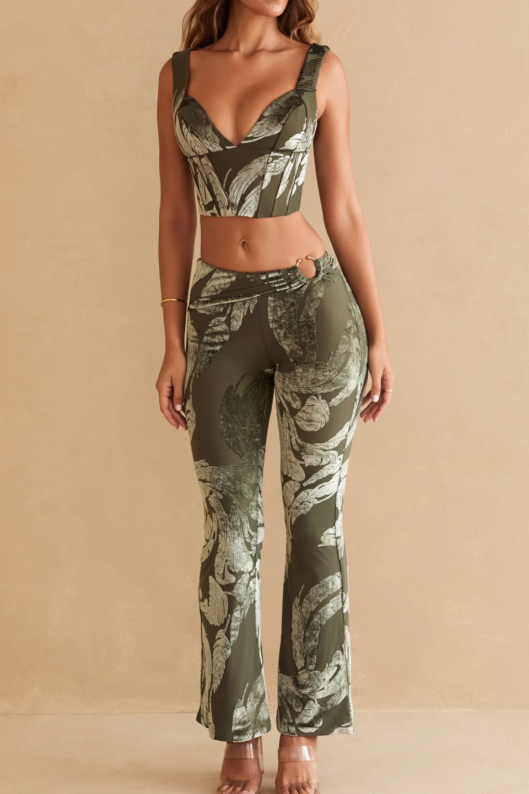 Oh Polly Women'S Clothing Sale - $65 And Under | Women'S Clothing Sale - $40 And Under^Ring Detail Bootleg Trousers in Olive Print OlivePrint