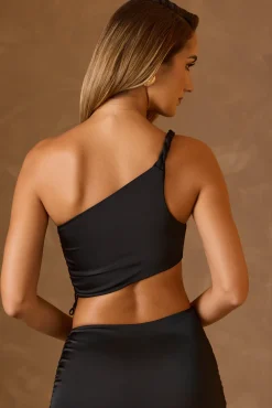 Oh Polly Co-Ords | Tops^Ruched Asymmetric Crop Top in Black