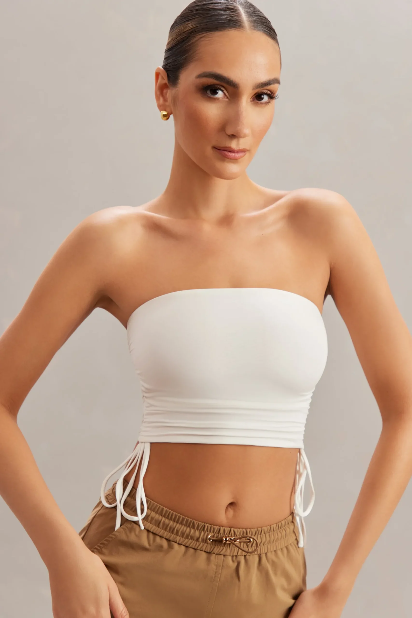 Oh Polly Co-Ords | Tops^Ruched Bandeau Crop Top in Ivory